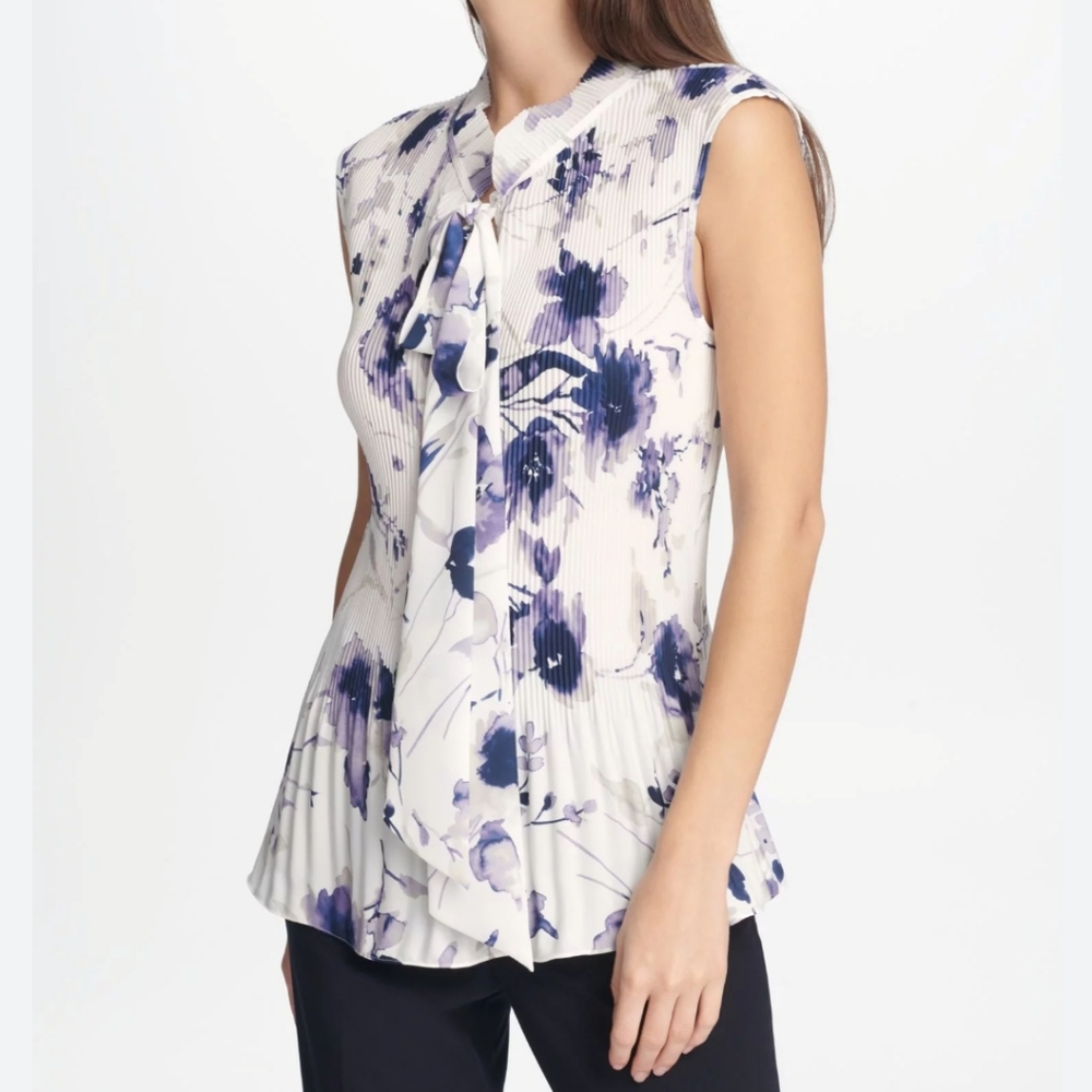 DKNY Pleated Floral-Print Sleeveless Blouse